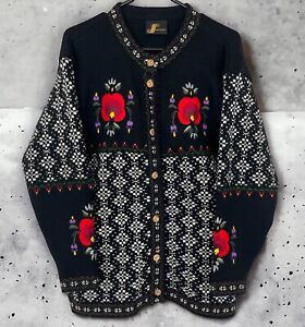Levandi Norwegian Womens Wool Embroidered Floral Warm Sweater Cardigan Small