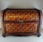 Vintage Hinged Wood Wicker Rattan Woven Storage Chest Trunk