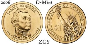2008 D James Monroe Presidential One Dollar Coin U.S. Mint Money Coins