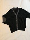 Kenneth Roberts Black Cotton Cashmere Cardigan Sweater Elbow Patch Men's L