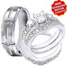 His & Hers 4 pcs Womens & Mens Sterling Silver 925 Wedding Rings Set Bridal