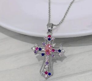 Cross Pendant multi color Necklace silver plated For Women with gift box