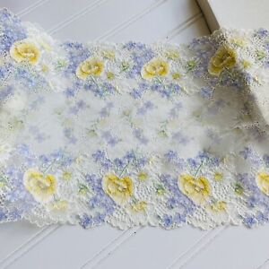 Stretch Floral Embroidered Border Lace Trim for Sewing/Crafts/Bridal/8.5” Wide