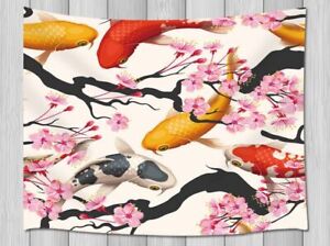 Sakura Fish Tapestry Wall Hanging Large Asian Koi Pink White Fabric Room Decor
