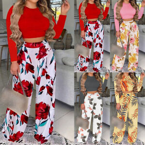 Womens Boho Floral Long Sleeve Crop Tops+Wide Leg Pants Suits Casual Workwear
