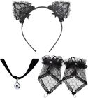 New Cat Ears Headband Bell Choker Lace Fingerless Gloves Set for Cosplay Costume