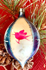 VTG Hand Painted Glass Teardrop Xmas Ornament: Bird/Blue/White Panels- Poland