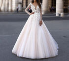 Long Sleeve Wedding Dresses A Line V Neck Lace Appliqued 3D Flower Bridal Gowns