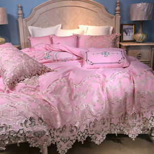 Luxury Bedding Set 6pcs 100s Pima Cotton Hollow Lace Quilt Cover Flat Sheet Set