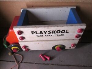 Vintage Playskool Take Apart Wooden Toy Truck with Pull String Extra Wheel Parts