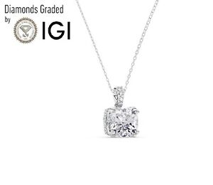 IGI,F/VS1, 2.25 ct Lab-Grown Hidden Halo Cushion Diamond Pendant, 18K White Gold