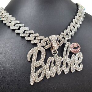 Women Silver Plated Barbie Bling Charm Iced Cubic Zirconia Cuban Chain Necklace