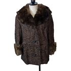 Vintage Womens Coat Size Large Brown Black Tweed Fur Collar And Cuff Button Up