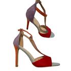 new faux suede color block t-strap stiletto heels sandals SHELF 7067