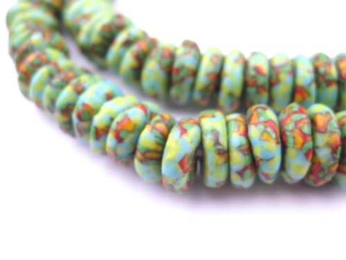 Organic Green Fused Rondelle Recycled Glass Beads 11mm Ghana African Multicolor