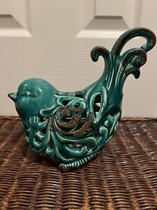 Decorative Ceramic Blue Aqua Bird Swirls 8” Tall