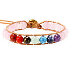 7 Colors Natural Crystal Rose Quartz Beads Bracelet Leather Rope Yoga Healing