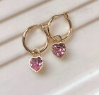 Swarovski Crystal Pink Heart PadLock Charm Hoop Earrings 14k Gold Plated