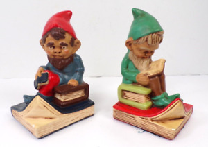 Vintage Ceramic Bookends Gnomes Elves Reading Books Hand Painted 7