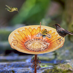 Glass Pedestal Bird Bath for Outdoor Garden Wild Bird Feeder w/ Metal Stake