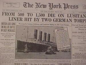 VINTAGE NEWSPAPER HEADLINE~ WORLD WAR 1 GERMANY SINK LUSITANIA DISASTER WWI 1915