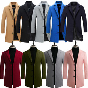 Men Wool Coat Winter Trench Coats Outwear Overcoat Long Sleeve Button Up Jackets