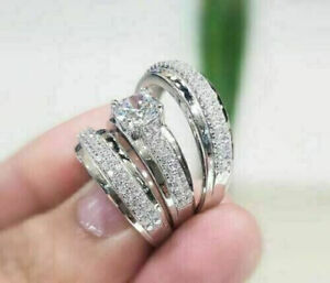14K White Gold Fn His Her Diamond Bridal Wedding Lab-Created Band Trio Set Ring