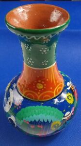 Vintage Mexican Storytellers Hand Painted Folk Art Terracotta  Bud Vase