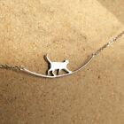 925 Silver Walking Cat Animal Pendant Necklace Choker Clavicle Women Gift