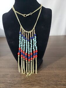 Turquoise Native American Boho Necklace Vintage 26 Inches Goldtone