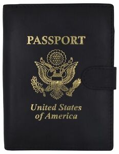 Leather Black Passport Holder Cover Case Wallet USA Embedded Logo Travel U.S Wal