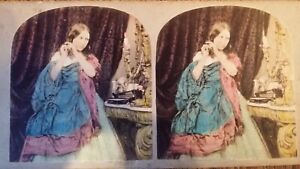 1850'S FINELY TINTED STEREOVIEW PHOTOGRAPH - THE TOILETTE - PRETTY GIRL
