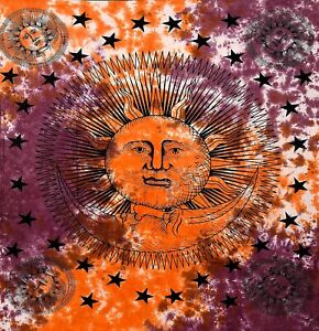 #017  Celestial  Sun Moon Stars Orange Purple Tie Dye  Tapestry Hippie 54 x 60