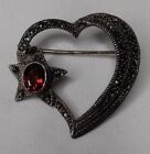Vintage Sterling Silver Marcasite & Ruby Heart Star Pin Brooch Beautiful!