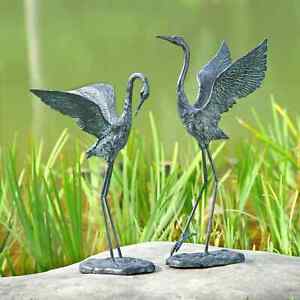 Stunning Cast Iron Exalted Crane Pair Set Of 2 Garden Sculpture Decor