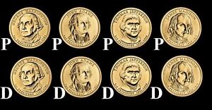 2007 P & D 8 Coin Set Washington Adams Jefferson Madison Presidential Dollar BU
