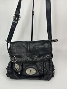 Fossil MADDOX Long Live Vintage 1954 Leather BLACK Satchel Crossbody Bag
