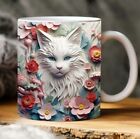 3D White Cat Mug, Bright Floral Mug, Cat Mug Coffee, Xmas Gift for Family, 11oz