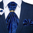 Mens Silk Ascot Cravat Tie Blue Paisley Cufflink Pocket Square Set Wedding Ring