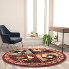 Gallus Collection 6' x 6' Round Red Rooster Themed Olefin Area Rug with Jute ...
