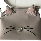 RARE Betsey Johnson Rhinestone Heart Nose Kitty Cat Face Crossbody Bag Taupe Tan