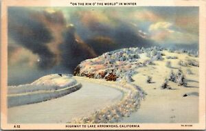 Lake Arrowhead California CA Highway To Lake Winter Snow Linen Postcard