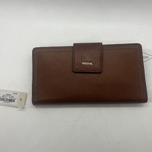 Fossil Logan RFID Leather Tab Clutch Wallet In (Brown/Gold) Msrp $80.