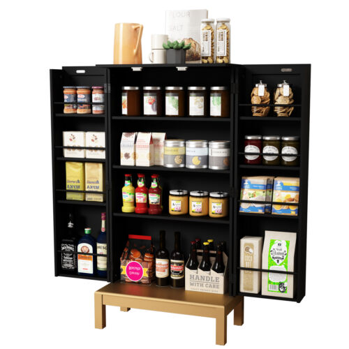 HLR 45''Kitchen Pantry Cabinet with Gold Trim with Doors and Adjustable Shelves
