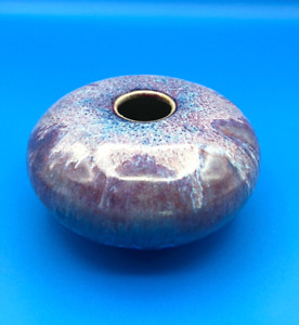 Studio Artist Signed Pottery Hand Thrown Vase w/Frog Bottom Purple Blue Glaze