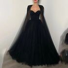 Black Gothic Prom Dresses Crystals With Tulle Cape A-line Ball Evening Dress