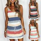 Womens Summer Sleeveless V Neck Mini Dress Ladies Casual Striped Short Dresses