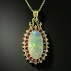 3Ct Oval Cut Fire Opal & Red Ruby Halo Pendant 14K Yellow Gold Over Free Chain