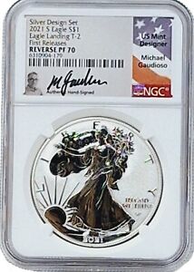 2021-S SILVER EAGLE REVERSE PROOF ~ GAUDIOSO SIGNED👌SILVER DESIGN SET🗽NGC PF70