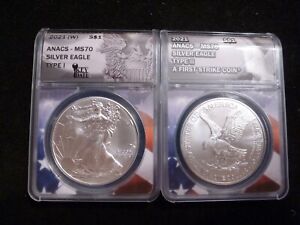2021 SILVER EAGLE ANACS MS70 2 COIN SET BOTH THE TYPE 1 & TYPE 2
